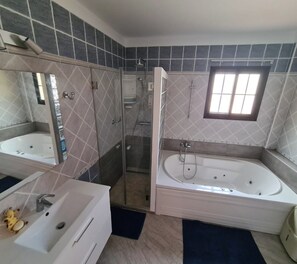 Combined shower/bathtub, jetted bath, hair dryer, towels