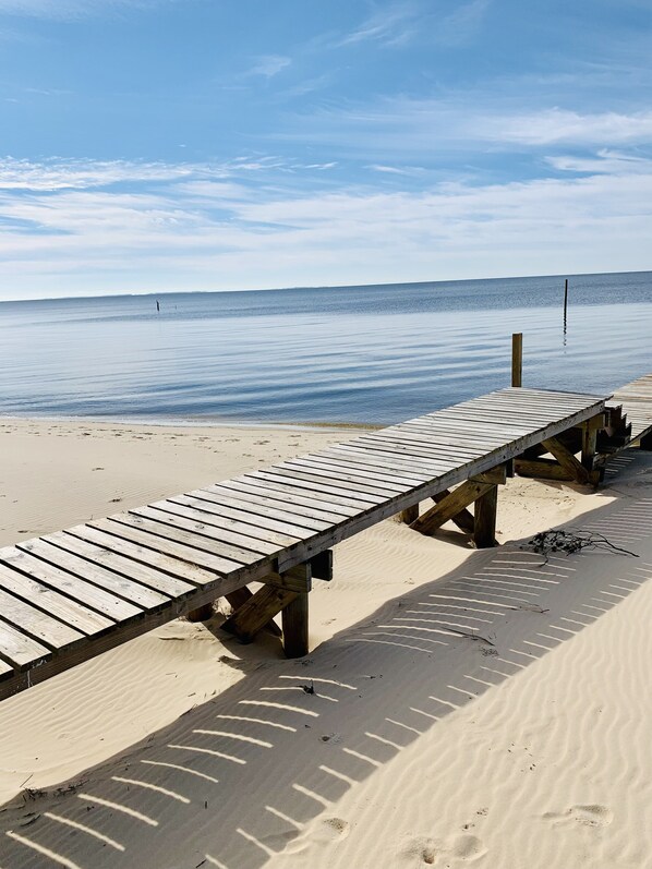 On the beach, sun loungers