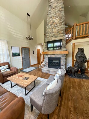 Smart TV, fireplace, foosball