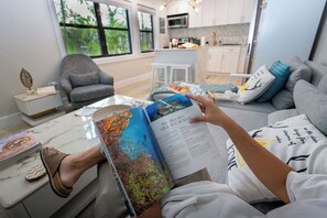 Una Smart TV, libros, un reproductor estéreo