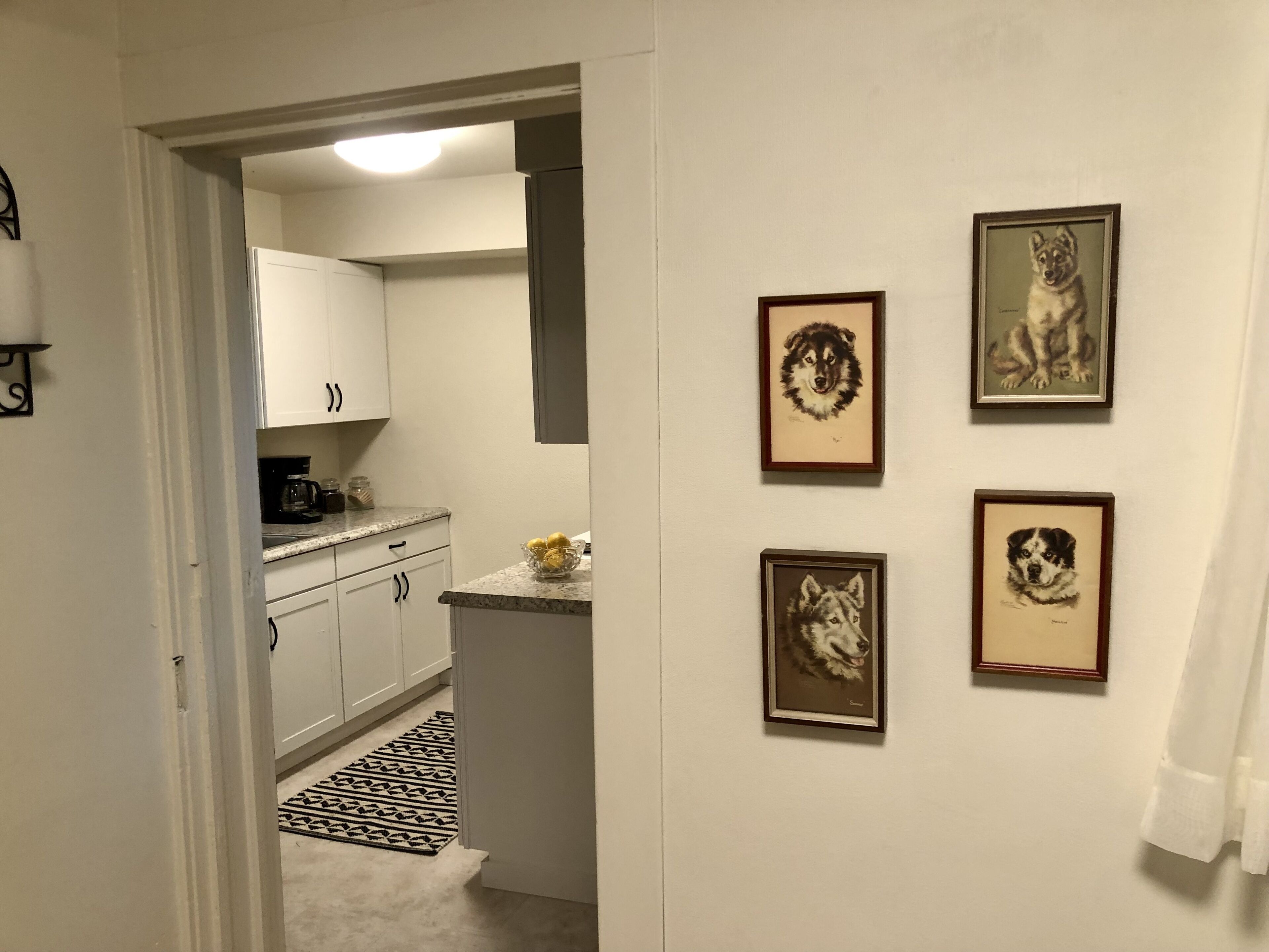 A hallway with a kitchen area, white cabinets, and a patterned rug. There are four framed pictures on the wall.