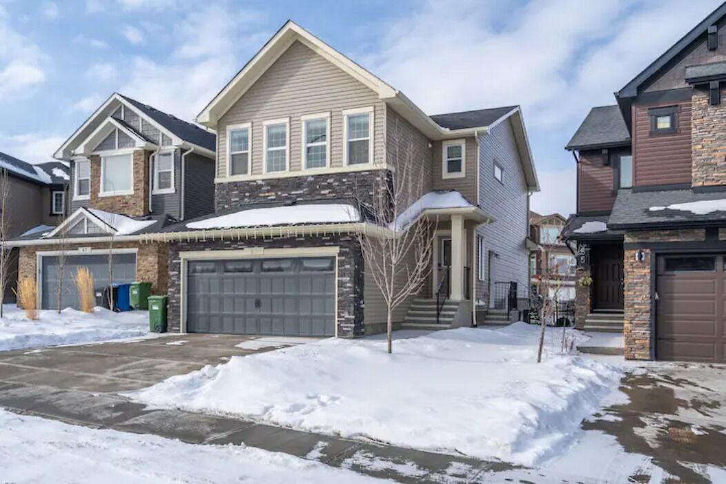 A two-story house with a garage, a snow-covered driveway, and a small tree in front.
