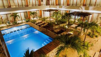 Outdoor pool, open 8:00 AM to 8:00 PM, sun loungers