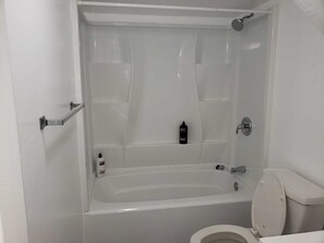 Combined shower/bathtub, hair dryer, towels, soap