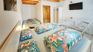 A room with two beds, a desk, a chair, a TV, and a shower. - Schönes Zimmer mit Bad - nur 10 Gehminuten vom Europa-park (Rust)