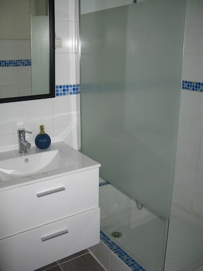 Chuveiro, secador de cabelo, toalhas de banho, sabonete