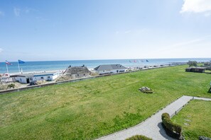 A coastal area with a grassy field, a paved walkway, and buildings along the shore.