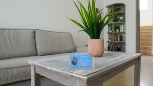 A wooden table with a sign about Pitas, a potted plant, and a grey sofa in a room with a bookshelf. - Pittas Studios Kardamena 300 Meters From the Beach (Kos)