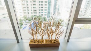 A window with a view of tall buildings and a potted plant with bare branches.