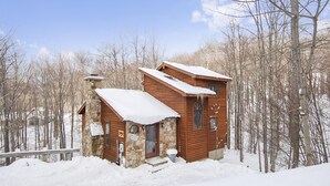 Une cabane en bois avec une cheminée en pierre, entourée d’arbres couverts de neige.