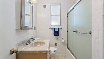 Shower, hair dryer, shampoo