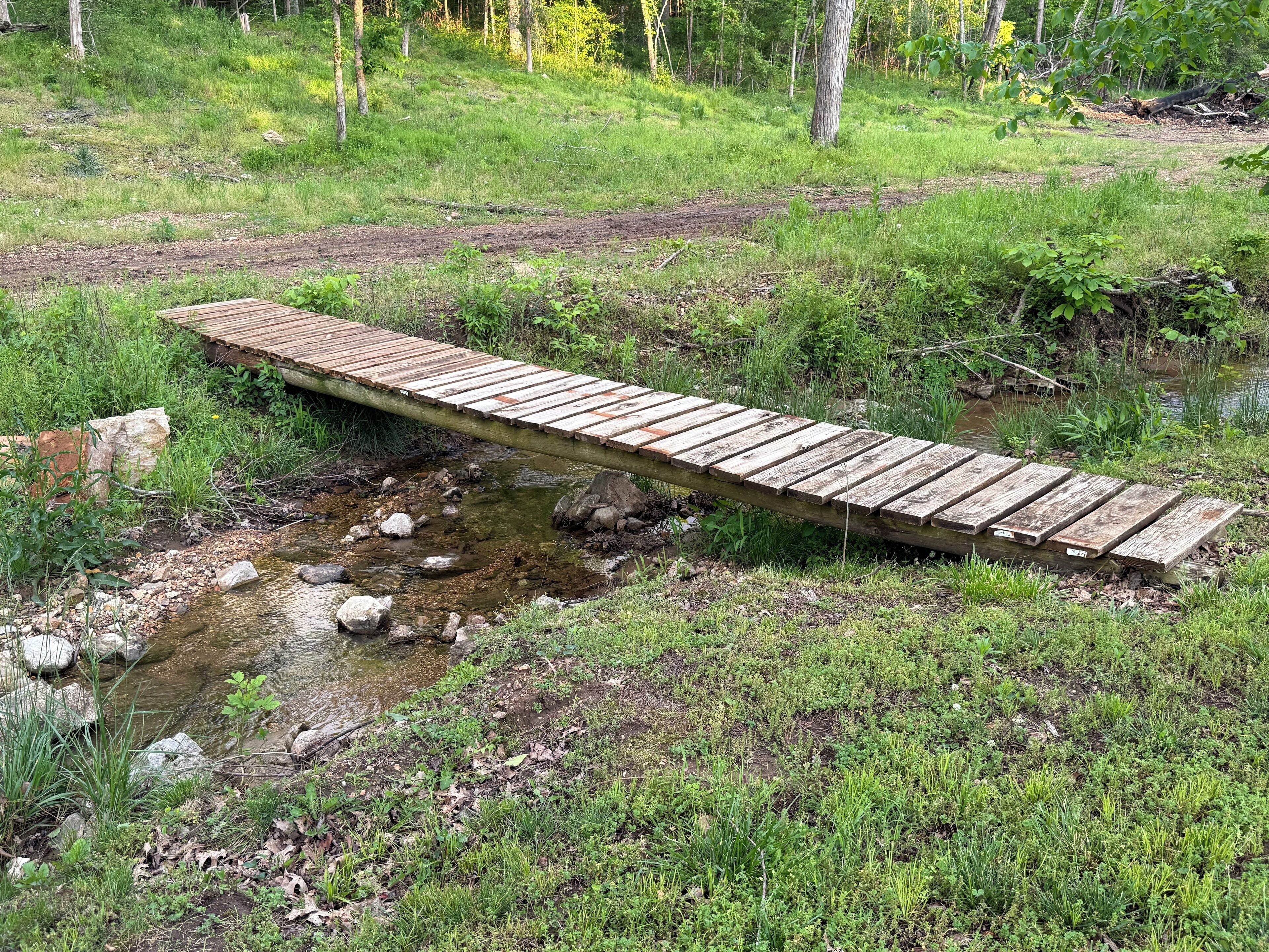 A wooden bridge over a stream in a forested area.
