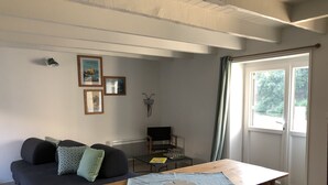 Un salon avec une table en bois, un canapé foncé et un vélo accroché au mur.