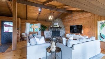 Smart TV, fireplace, books, stereo