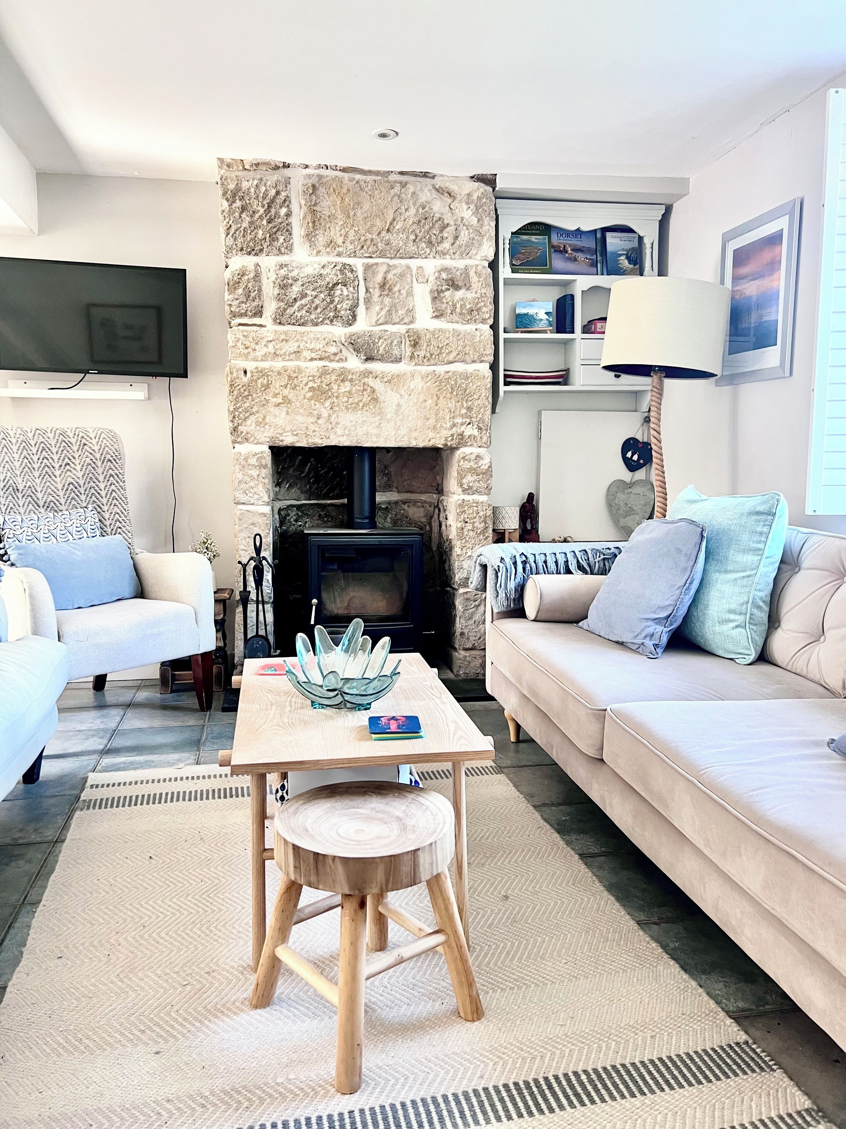 Smart TV, fireplace, books