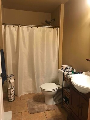 Ensemble douche/baignoire, serviettes fournies, savon, papier toilette