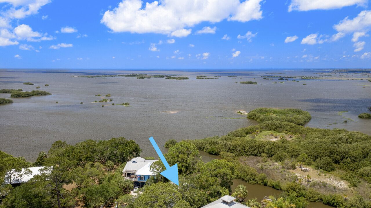 A coastal landscape with a house surrounded by dense vegetation and mangrove islands in the water.