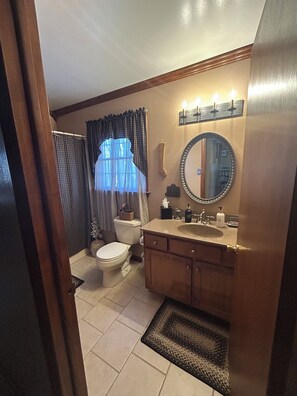 Combined shower/tub, hair dryer, towels, toilet paper