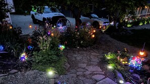 A garden pathway with decorative lights and a white car parked nearby.