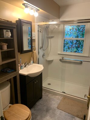 Shower, hair dryer, towels, soap