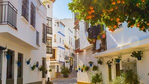 Une rue pavée bordée de bâtiments blancs, de plantes en pot et de linge suspendu pour sécher.