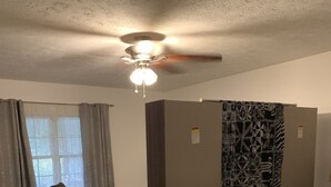 Un salon avec un canapé, une table à manger et un rideau à motifs.