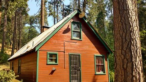 A small, single-story wooden cabin with green trim and a metal roof, surrounded by trees.