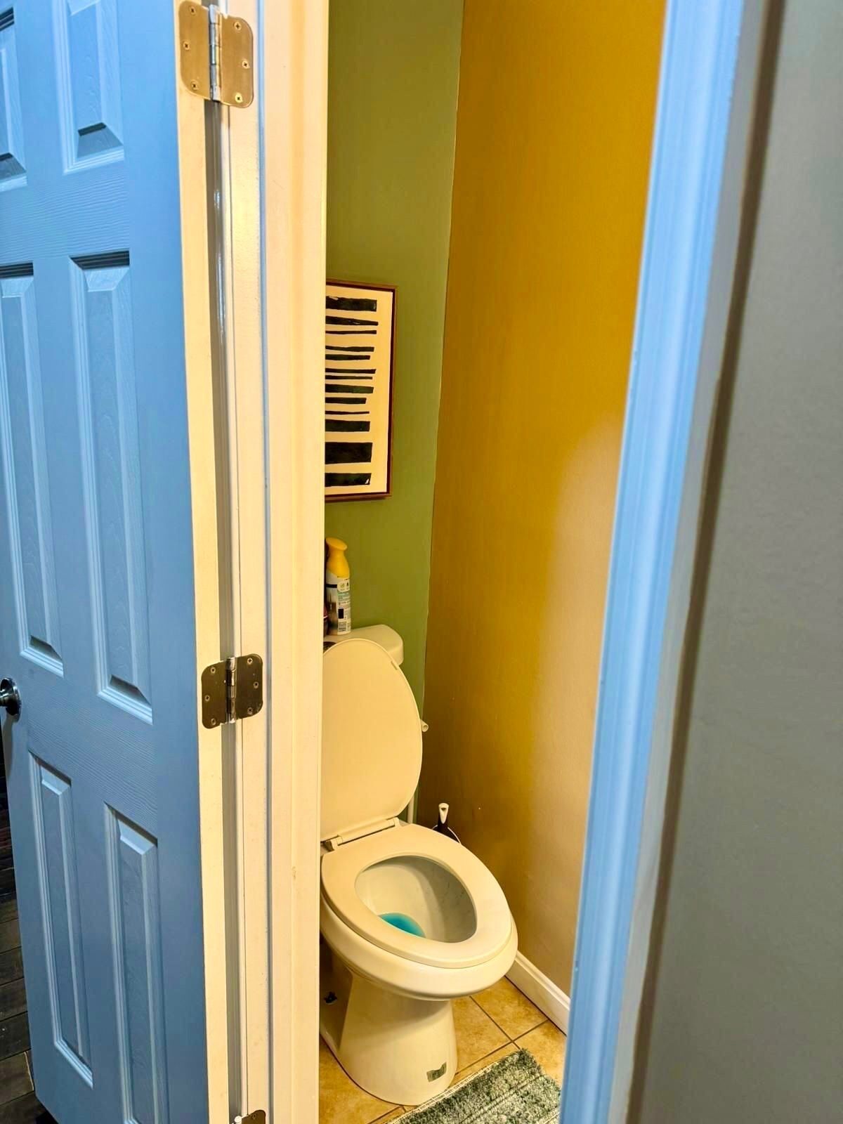 A bathroom with a toilet, a wall-mounted vent, and a door with a latch.