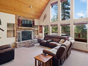 TV, fireplace, video games, table football