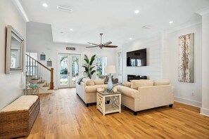 TV, fireplace, table football