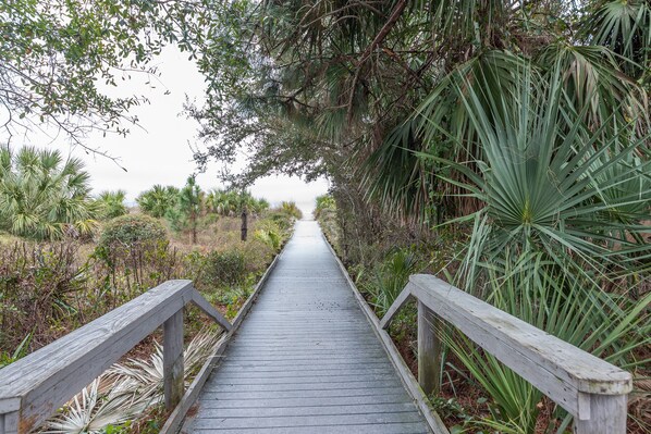 A wooden boardwalk leading through a natural area with dense vegetation and trees. - Spotless Stylish 1 Bedroom Condo Steps to Beach & Pool (Hilton Head Island)