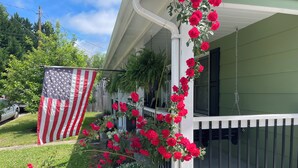 A porch with a white railing, a hanging American flag, and a climbing rose bush.