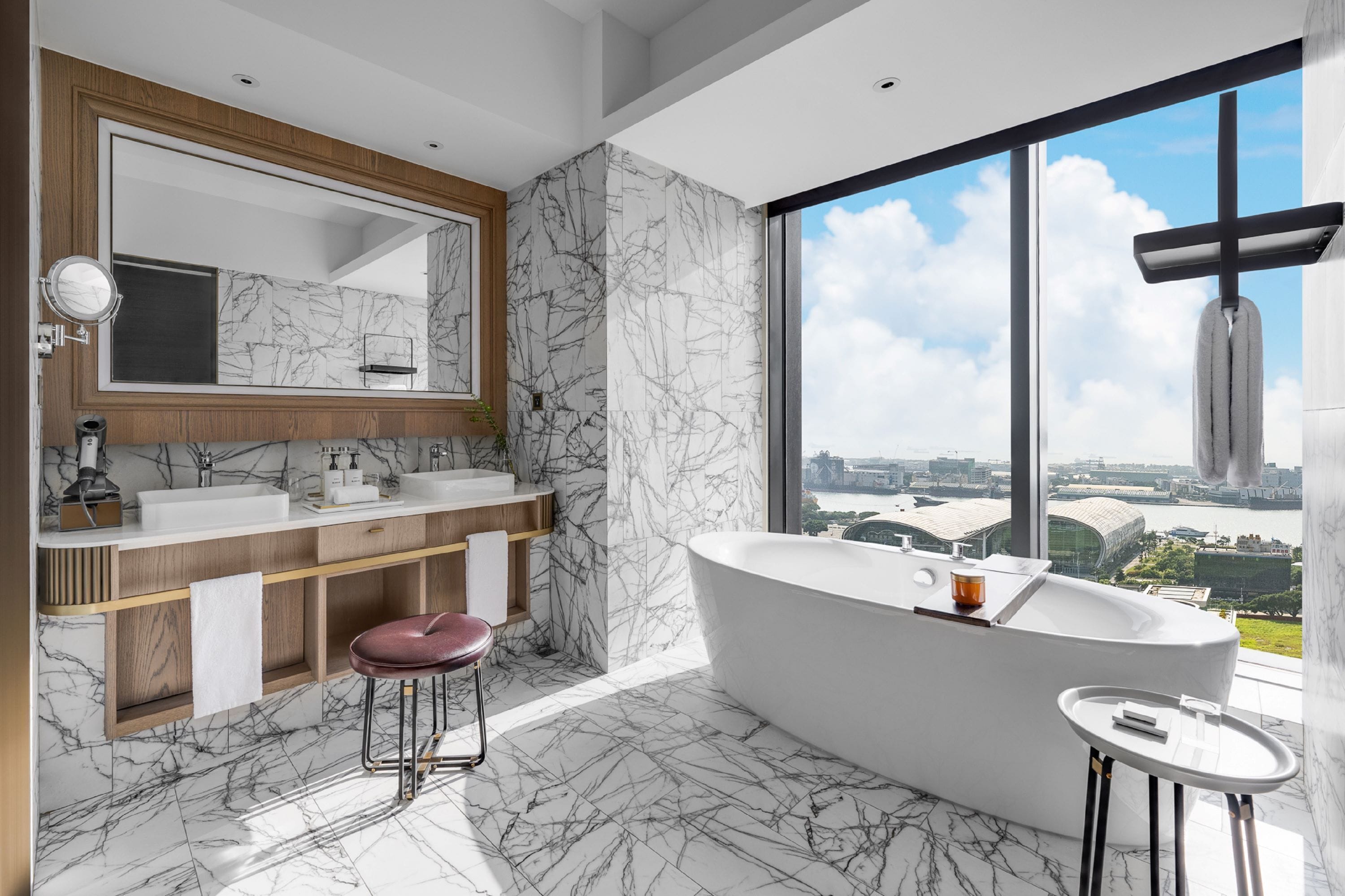 separate bathtub and shower, rainfall showerhead, hair dryer, bathrobes