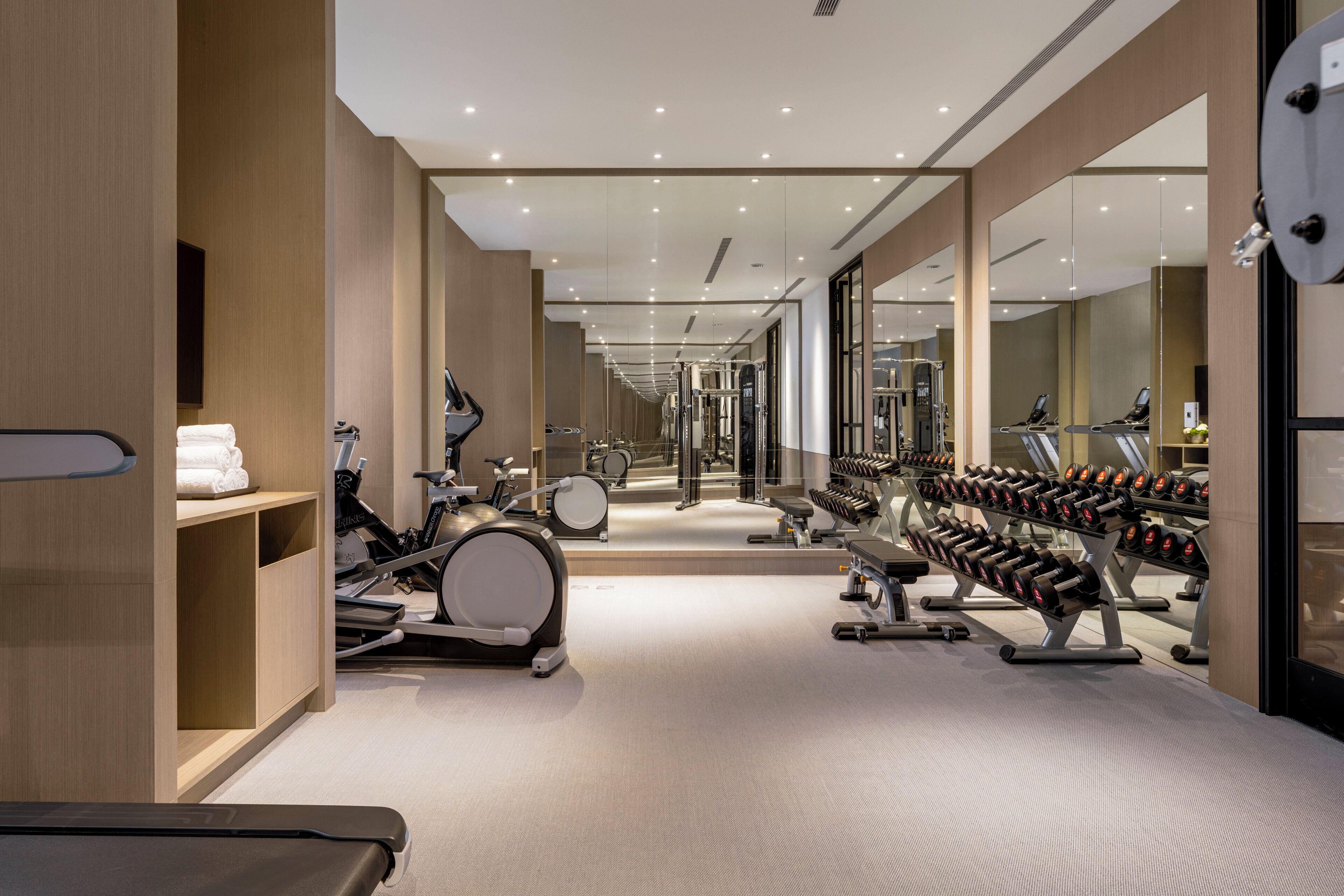 A modern gym with cardio machines, free weights, and mirrored walls.