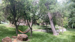 A grassy outdoor area with a hammock between trees, a stone wall, and a stone staircase. -  Mt. Vernon Ranch House near Red Rocks and Colorado Mountains, skiing. Est 1860 (Golden)