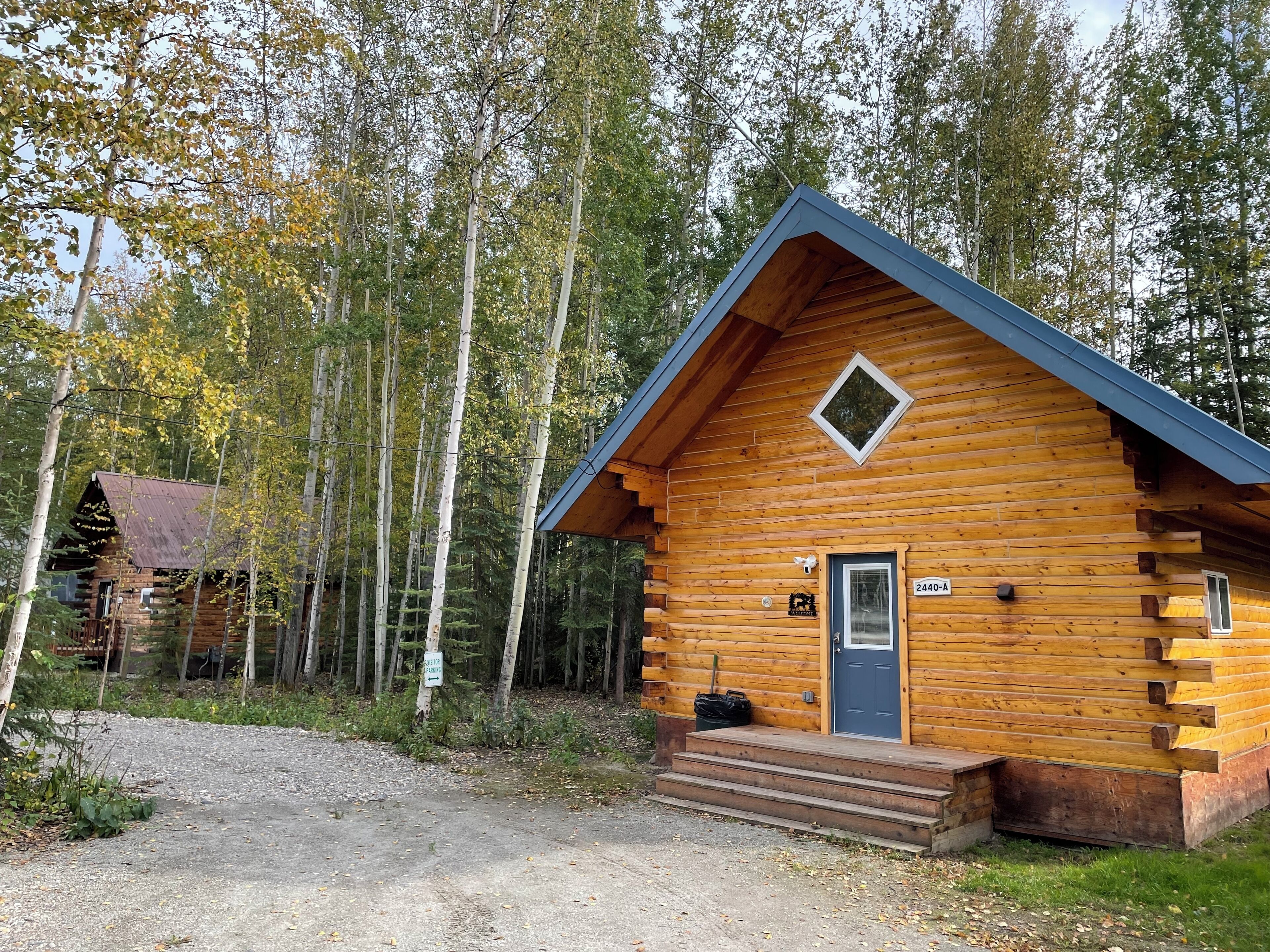 Une cabane en rondins avec un toit bleu, une porte et un petit porche.