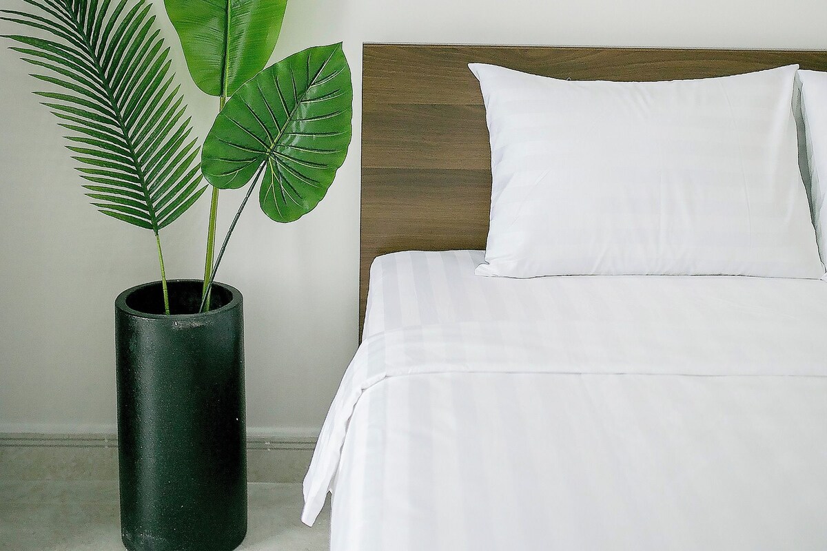A bedroom with a bed, white bedding, a large green plant in a black pot, and a painting of an eye on the wall.