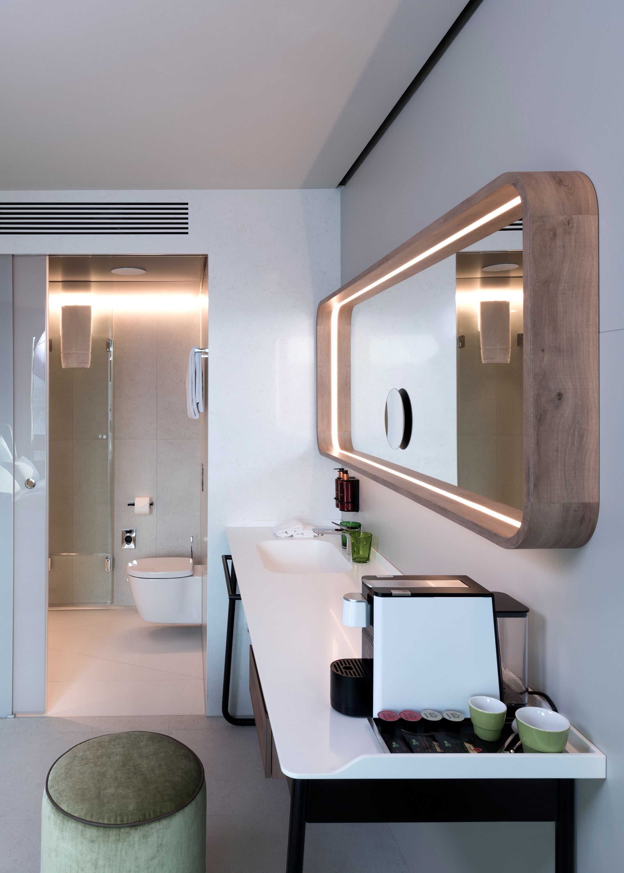 shower, rainfall showerhead, hair dryer, towels