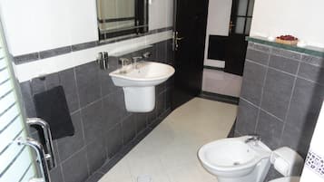 Shower, bidet, towels, soap