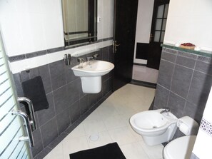 Shower, bidet, towels, soap