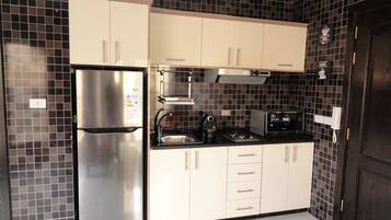 Fridge, microwave, electric kettle