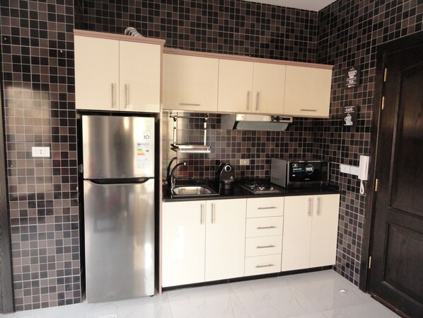 Fridge, microwave, electric kettle