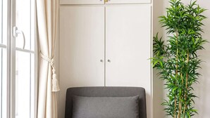 Une pièce avec un canapé gris, une armoire blanche, une fenêtre avec des rideaux et une plante en bambou.