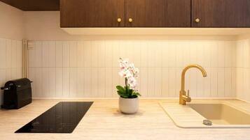 Fridge, microwave, stovetop, coffee/tea maker