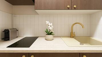 Fridge, microwave, stovetop, coffee/tea maker