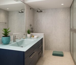 Shower, hair dryer, towels, soap