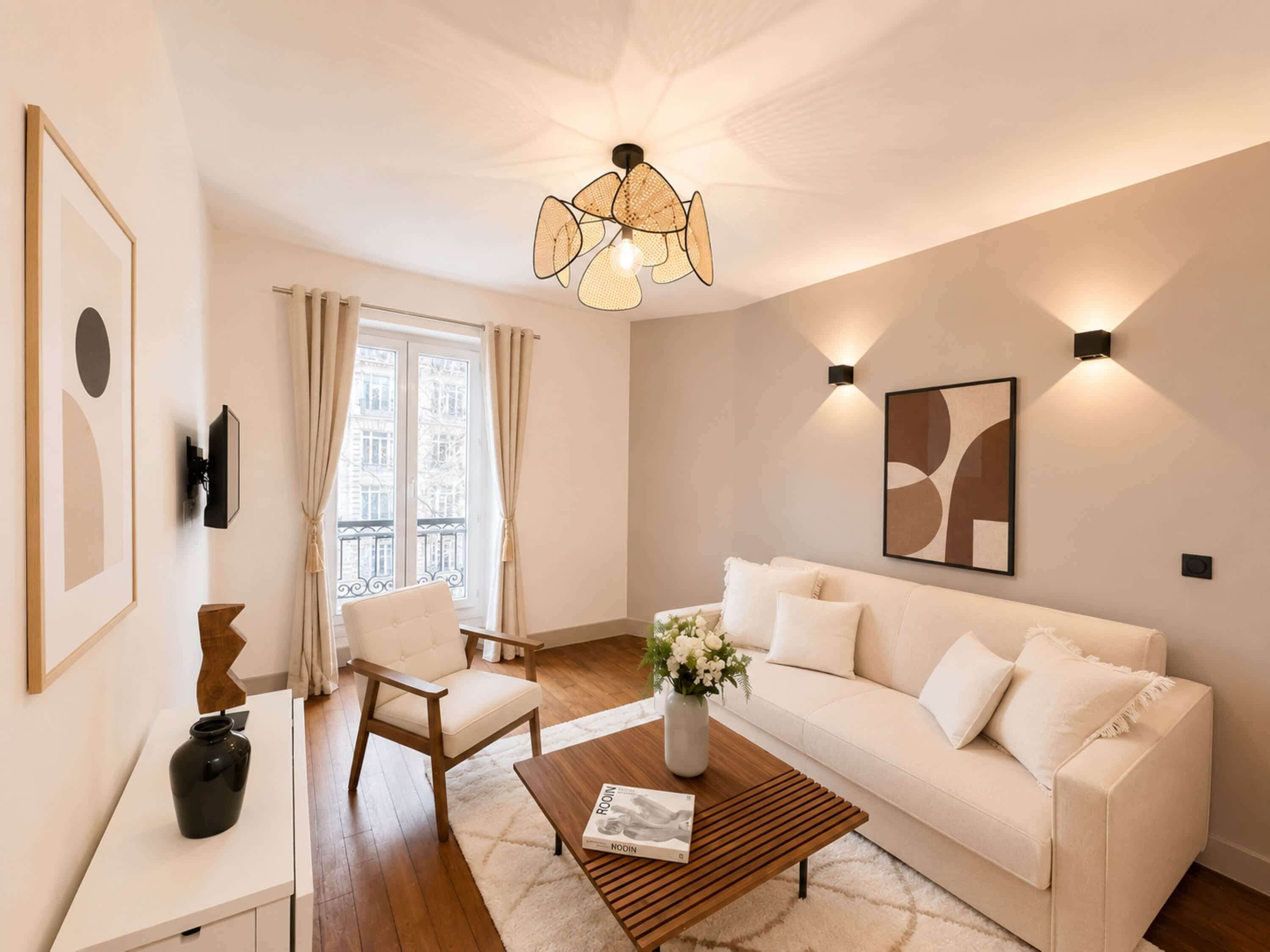 Ein modernes Wohnzimmer mit einem weißen Sofa, einem Holztisch, einem weißen Sessel, einem gerahmten Bild und einer dekorativen Vase.