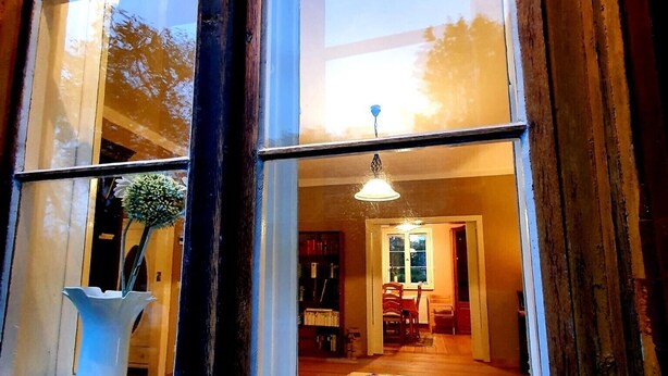 Une pièce dotée d’une grande fenêtre, d’une plante en pot et d’un luminaire suspendu.