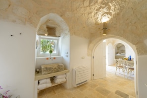 Shower, rainfall showerhead, hair dryer, bathrobes