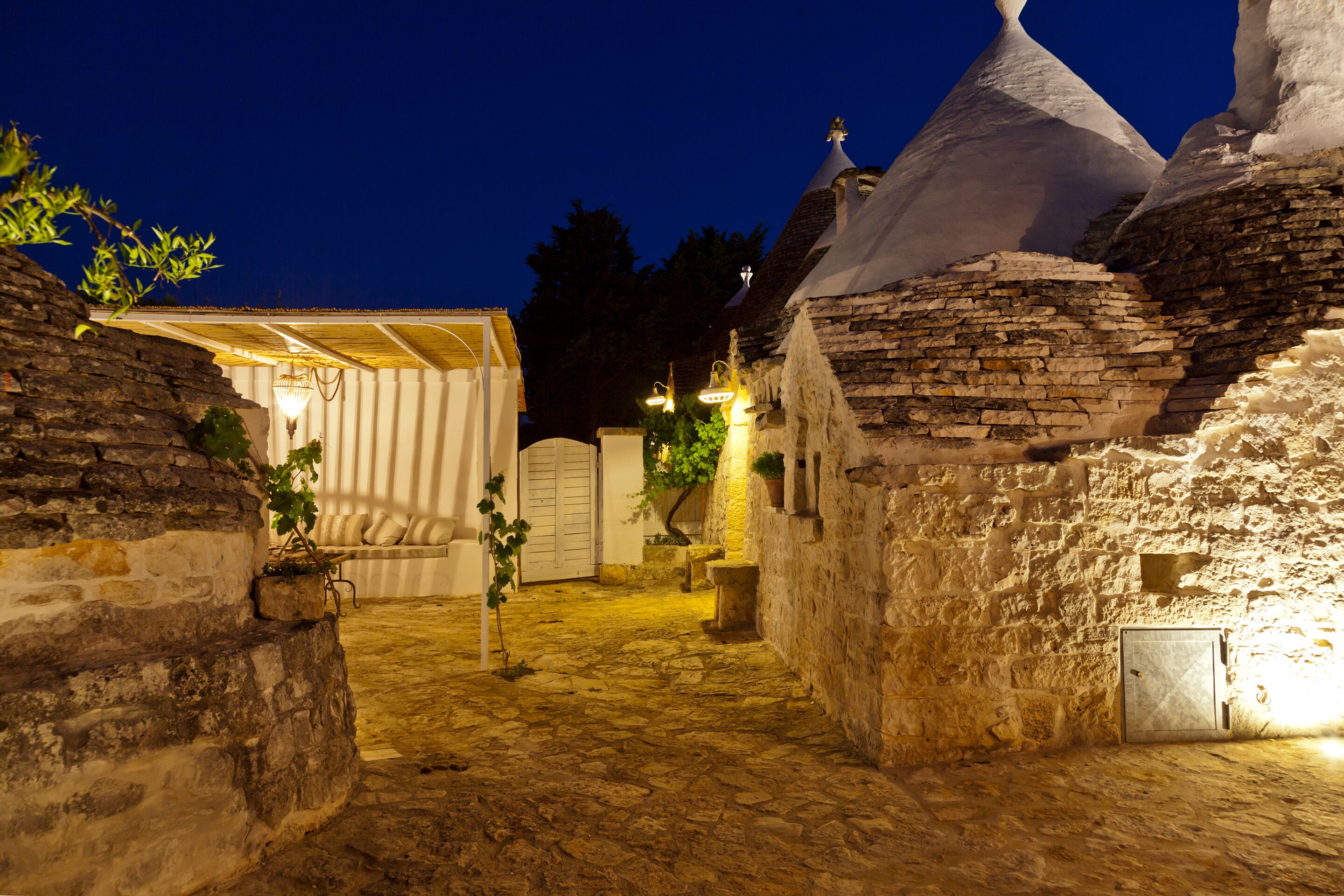 A stone courtyard with a white door and a small plant.